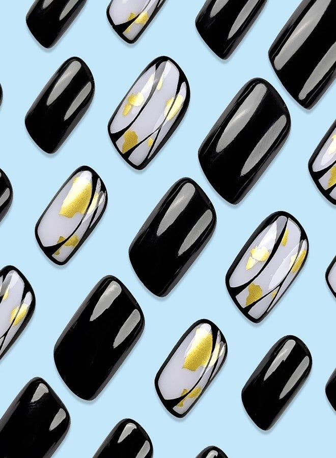 CJDLTS Black Press on Nails Short Square Gold Foil Design Full Cover Artificial Acrylic Coffin Reusable Glue on DIY Stick on for Women 24Pcs - Image 4